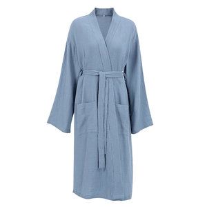 Loose-fit light blue cotton crepe bathrobe with kimono collar and waist tie belt