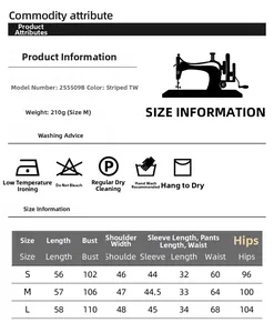 Detailed size chart for cotton striped long sleeve pajama set including measurements S-L