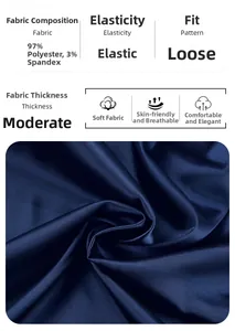 Detailed view of dark blue satin fabric texture with 97% polyester and 3% spandex