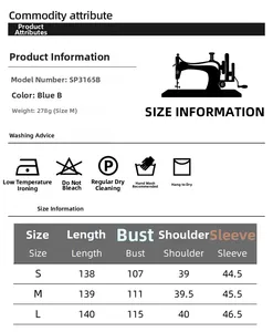 Detailed size chart for blue satin feather robe including length and bust measurements