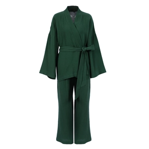 Pigiama due pezzi in cotone crepe verde scuro con maglia a maniche lunghe e pantaloni