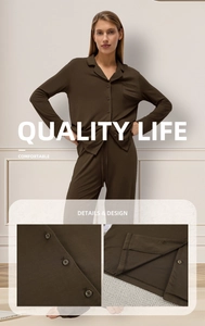 Detail view of coffee-colored modal pajama set featuring button-up lapels and soft fabric