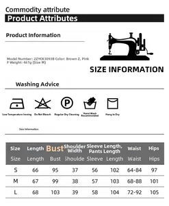 Size chart for modal long sleeve pajamas set with detailed measurements and care instructions