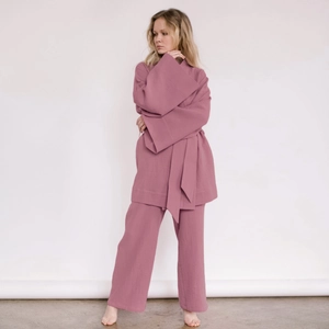 Set pigiama donna in crêpe di cotone con top a kimono e pantaloni ampi a gamba larga