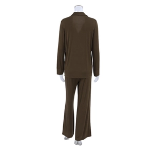 Rear view of brown modal long-sleeve loungewear set with wide-leg pants on mannequin
