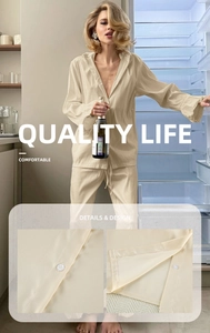 Detail view of champagne satin pajama set showing button design and silk texture