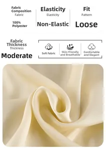 Detail showing 100% polyester satin fabric texture and clothing specifications list