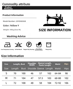 Detailed size chart and washing instructions for the satin lace long sleeve pajama set