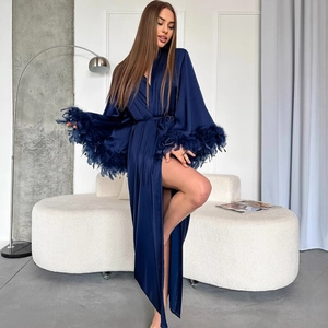 Women Luxury Satin Long Robe Feather Trim Cuffs Wrap V-Neck Nightgown With Belt Dark Blue Sleepwear Lounge Dress