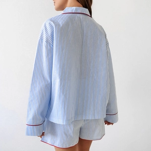 Women's blue and white striped cotton pajama set with shirt and shorts back view