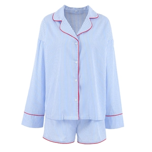 Women's cotton striped pajama set with long sleeve shirt, shorts and red piping details