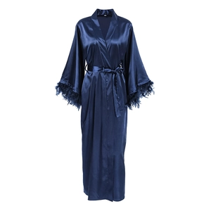 Navy blue satin long robe with luxurious feather cuffs and matching waist tie belt
