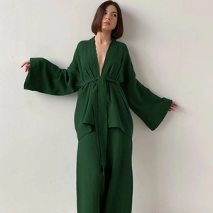 Pigiama da Donna in Cotone Musso Top e Pantaloni a Kimono Avvolgente Manica Lunga Vita Alta Gamba Larga Abbigliamento da Casa