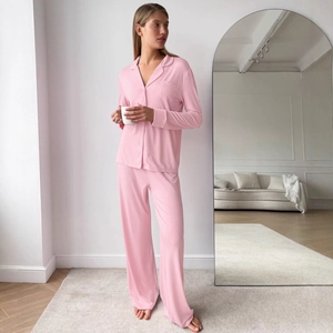 Women's modal long sleeve pajama set in pale pink with classic notched collar design