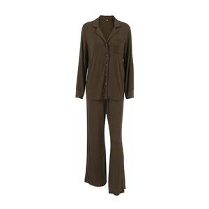 Brown modal loungewear set featuring long sleeve button-down top and wide leg pants