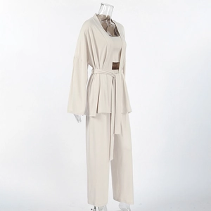 Three-piece beige milk silk loungewear set featuring long sleeve cardigan and wide-leg pants