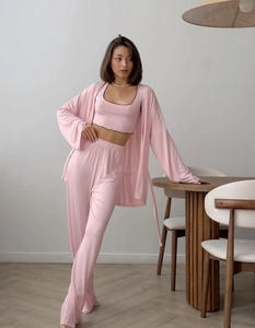 Three-piece pink loungewear set with camisole, wide-leg trousers, and long robe