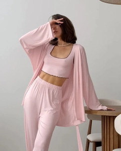 Three-piece pink loungewear set with camisole, trousers and cardigan in soft knit fabric