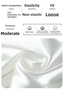 Detail view of white satin fabric texture with material specifications and composition info