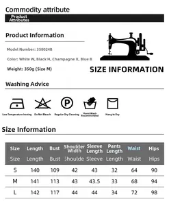 Size chart for three-piece feather robe pajama set with washing care instructions