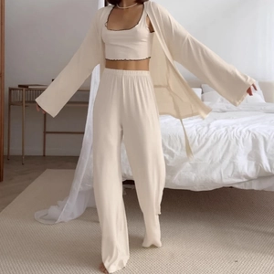 Women 3 Piece Loungewear Set Milk Silk Cardigan Camisole And Wide Leg Pants Pajama Set Solid Color Sleepwear Home Wear