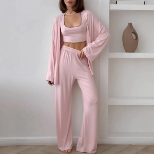 Three-piece apricot lounge set with camisole, wide-leg pants and a long cardigan