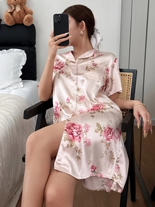Floral print satin sleepshirt featuring a notch lapel and elegant side slit detail