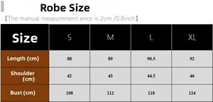 Detailed size chart for lace satin robe showing length, shoulder, and bust measurements