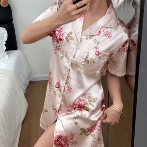Women Floral Print Satin Sleepwear Dress Short Sleeve Button Down Nightshirt Loungewear With Pocket For Home Comfort