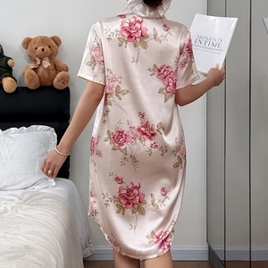 Champagne floral satin short sleeve nightgown with elegant pink rose print for women