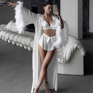 Women Satin Loungewear Robe Camisole And Shorts With Feather Trim Luxurious Sleepwear Nightgown Three Parts Apparel