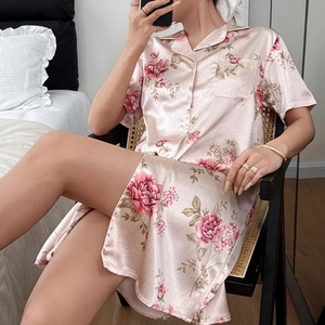 Pink floral satin sleepwear shirt dress with button-up front and classic collar