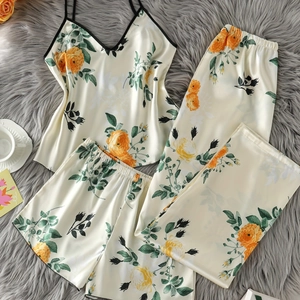 Ensemble Pyjama en Satin à Imprimé Floral pour Femmes Caraco Short Et Pantalon Sans Manches Col en V Tenue de Nuit