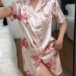Women's pink floral satin short sleeve nightshirt with elegant rose print