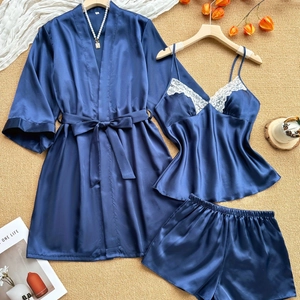 Women Sexy 3-Piece Satin Pajama Set Lace V-Neck Cami Top Shorts Belted Kimono Robe Sleepwear Solid Color Nightgown