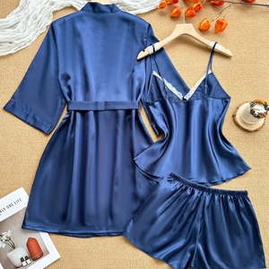 Three-piece navy satin sleepwear set for women with lace trim camisole and matching robe