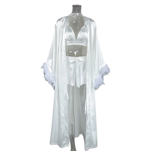 Elegant white satin 3-piece loungewear set with feather-trimmed robe and camisole shorts