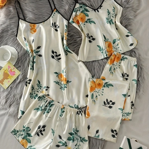 Ensemble Pyjama Satin Imprimé Floral pour Femme Top And Bottom Caraco Short Pantalon Long Nuisette pour la Maison
