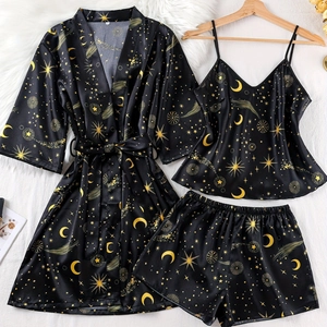 Women's Satin Pajamas Celestial Star Moon Print V-Neck Cami Robe Shorts Lounge Sleepwear Black Gold Breathable Soft Fabric