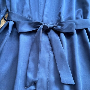 Navy blue satin silk pajama robe with lace collar and elegant bow belt detail