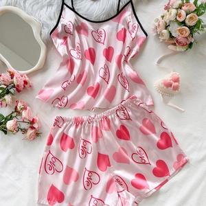 Women Sexy Satin Pink Heart Print Pajama Top And Bottom Sweet Love Letter Camisole Shorts Sleepwear Loungewear Home Clothing