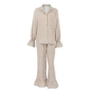 Women's brown plaid cotton pajama set with ruffled long sleeves and matching pants