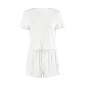 Conjunto de pijama de punto acanalado blanco con manga corta de borde ondulado y pantalones