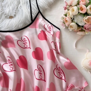 Pink satin camisole sleepwear with love heart prints and black trim for women
