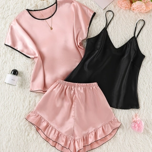 Women Satin Contrast Color Pajamas Including Short Sleeve Top Camisole And Ruffle Shorts Loungewear Sleepwear Comfortable Nightwear Apparel
