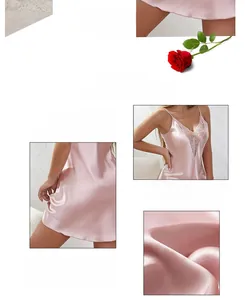 Close-up of pink satin sleepwear featuring delicate white lace trim and V-neckline detail