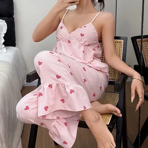 Women Heart Striped Pajamas Cami Top And Long Pants Ruffle Hem Soft Polyester Homewear Sleepwear V Neck Loungewear Outfit