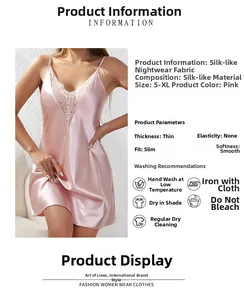 Detail of pink satin sleepwear featuring intricate lace V-neckline and slim fit design