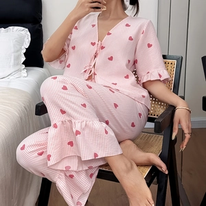 Women Polyester Pajamas Top And Bottom Heart Print Striped Ruffle Trim V-Neck Bow Tie Loungewear Short Sleeve Long Pants