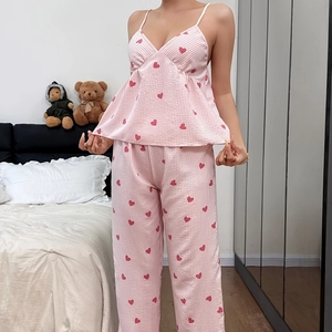 Women's pink striped pajamas set with red heart prints including camisole and pants